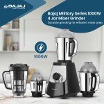 Bajaj Military Series Evoque 4 Jar 1000 Watts Mixer Grinder | 3-Speed Control With Pulse Effect Mixie| 2 Years Warranty