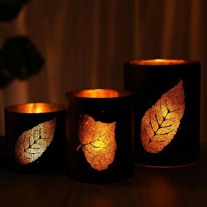 Leafcutout Glass Iron 3 - Cup Candle Holder- Candle Holder for Cafe,Rooms, Restaurant | Room Decor (Black, Gold, Pack of